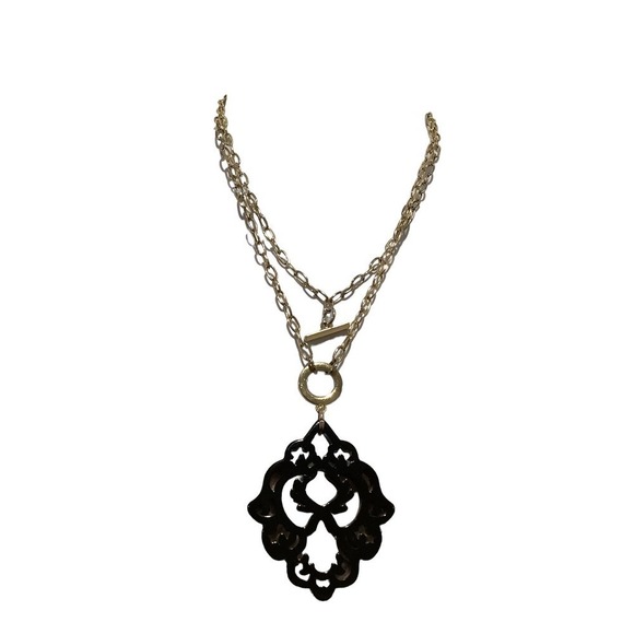 ZENZII GOLD TONE TOGGLE CHAIN BLACK ACRYLIC RESIN STATEMENT NECKLACE - Picture 4 of 7